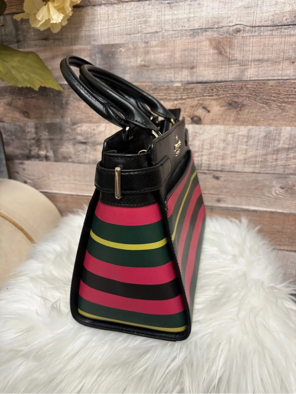 Kate Spade Black w/ Pink, Green, and Yellow Striped Saffiano Leather Satchel - Picture 4 of 7